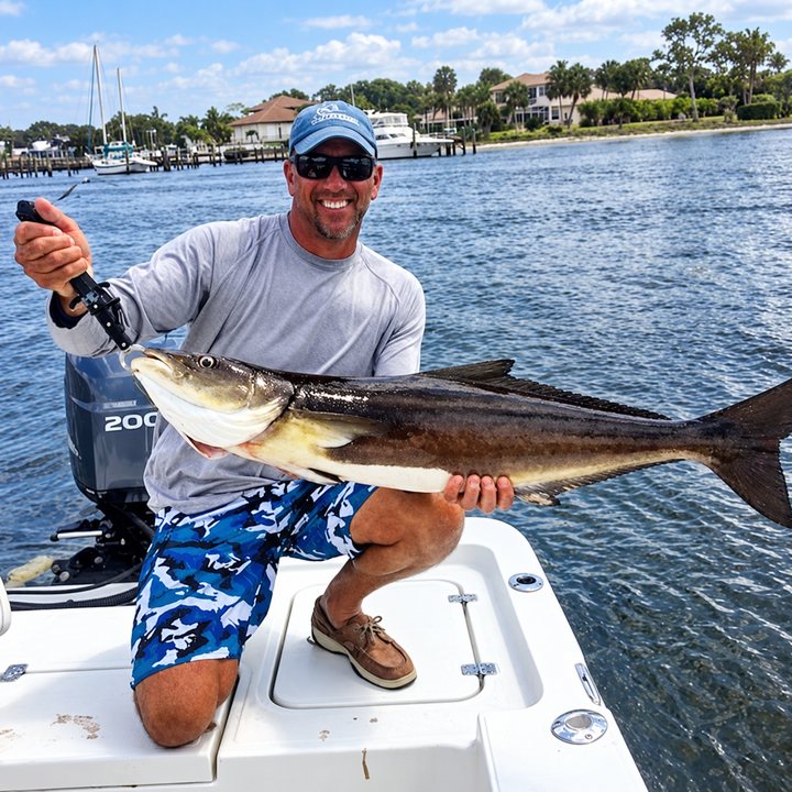 Angler holding a cobia on the deck of a fishing boat.