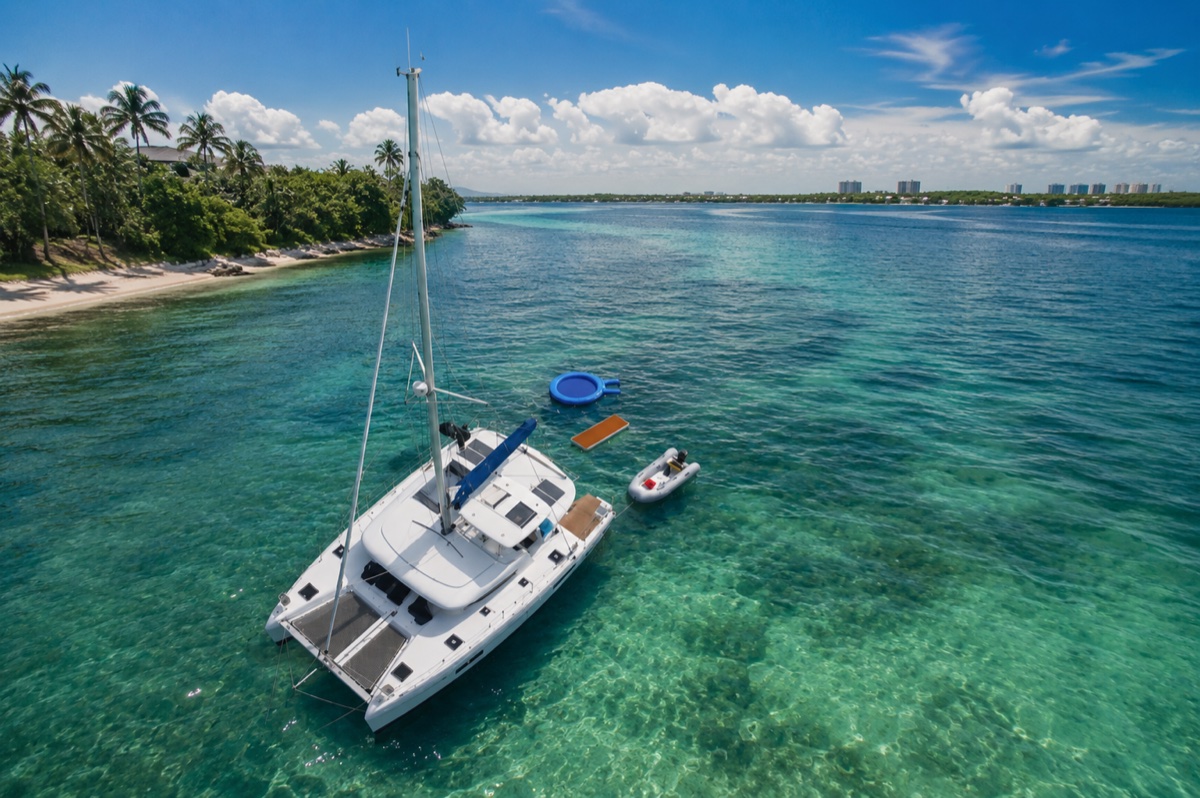 Luna Cat at anchor beside an island